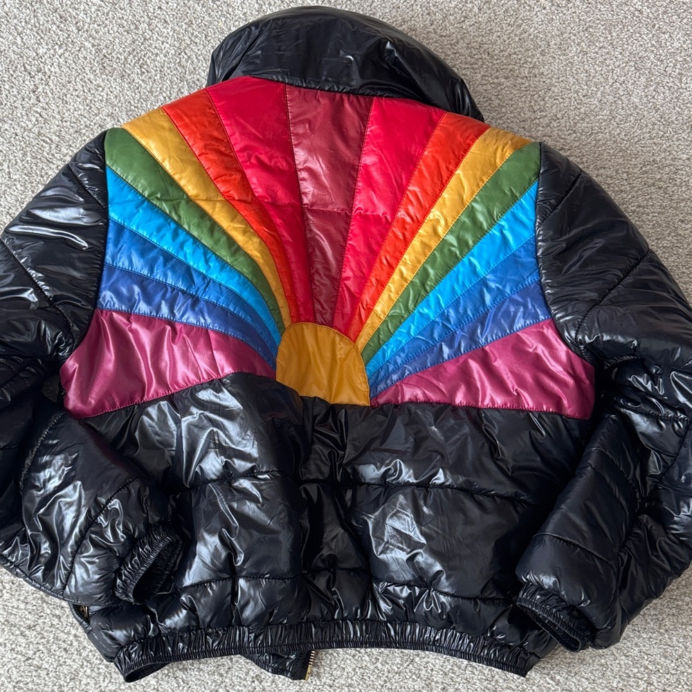 Aviator Nation Sunburst Apres Puffer Jacket with Rainbow Logo - Glossy Black